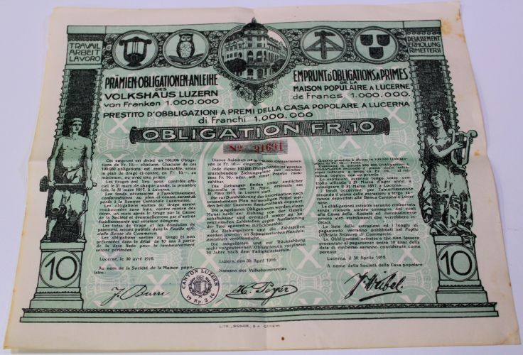 1916 Obligationen-Anleihe zu 10 Franken des Volkshauses Luzern